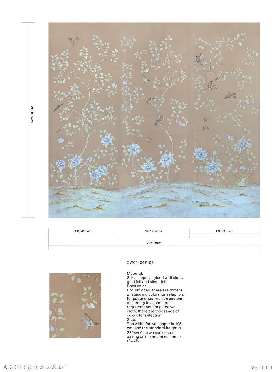 中式古典真丝手绘花鸟风景图案壁纸墙纸 (21)